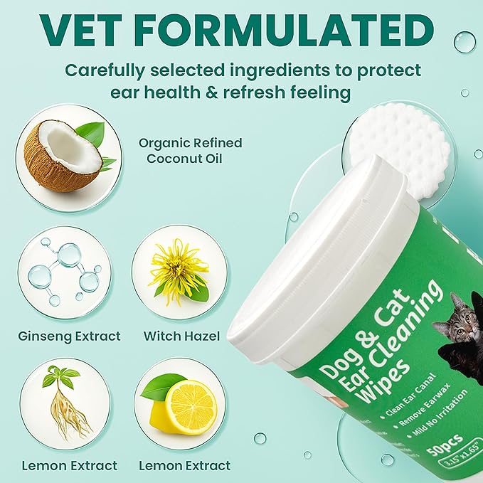 CTWPets Dog & Cat Ear Cleaning Wipes, Green Tea Scent, 50 Count