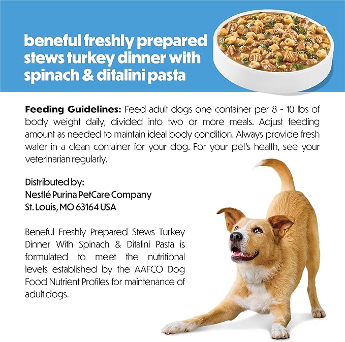 Purina Beneful Freshly Prepared Stews Turkey Dinner with Spinach and Ditalini Pasta Wet Dog Food in Dog Food Gravy - 9.5 oz Carton (Pack of 6)