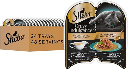 Sheba Gravy Indulgence Adult Wet Cat Food, Wet Food for Cats Chicken Entree in Extra Gravy, 2.6 oz. Twin-Pack Trays (24 Count, 48 Servings)