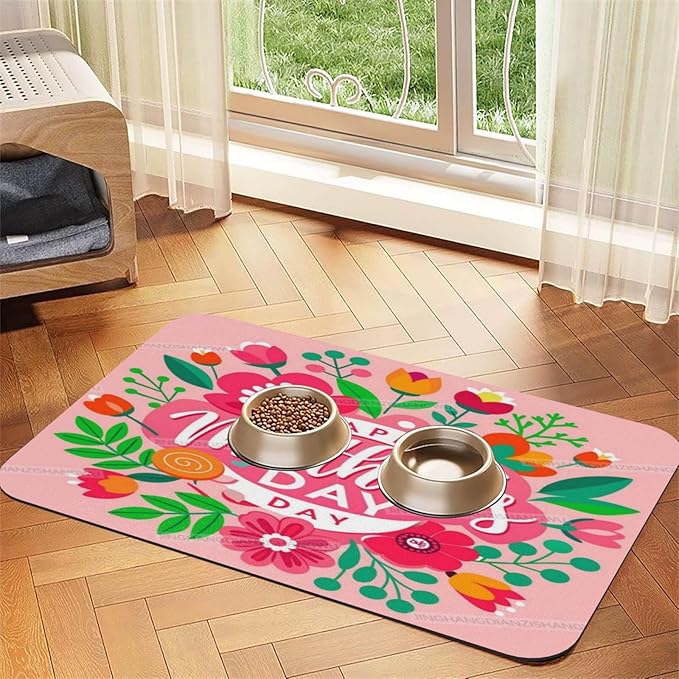 Non Slip Mat for Dog Pet Cat Dog Food Mats Happy Mother's Day Floral Gift for Mom Q Water Bowl Mat Quick Dry Absorbent Cat Feeding Mats 18X12In