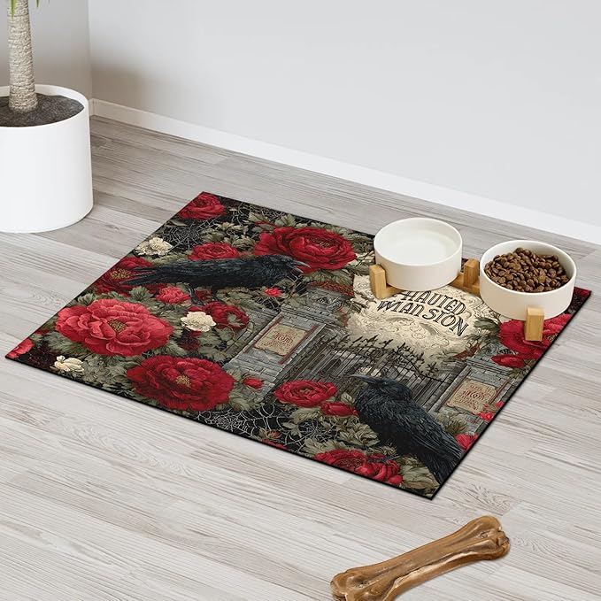 Halloween Crow Dog Food Mat for Floors Absorbent, Quick Dry Water Dispenser Mat for Food, Water, Pet Supplies 17" x 30", Flower