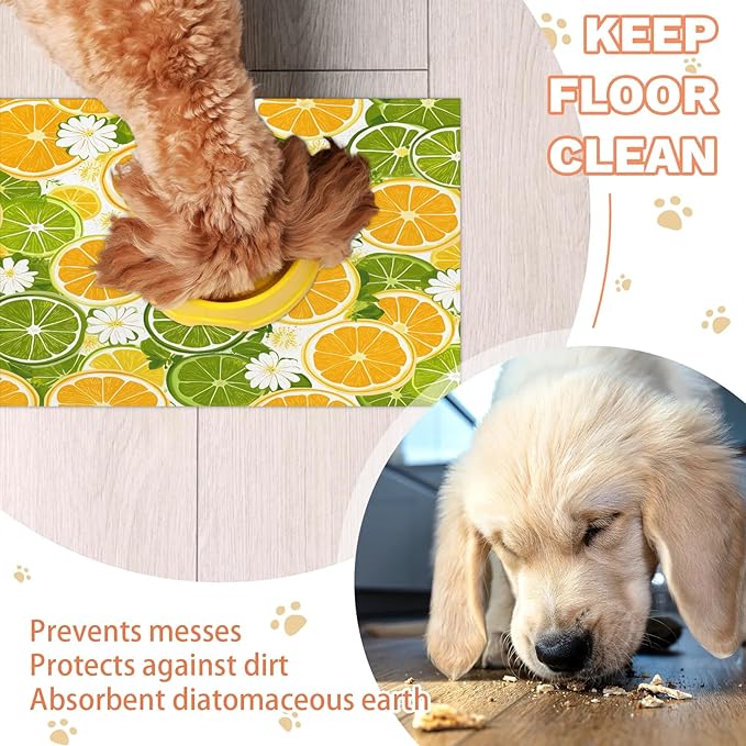 Lemon Dog Food Mat for Floors Absorbent Dog Bowl Mat for Food and Water Dispenser Quick Dry Cat Food Placemat Pet Supplies 16" x 24", Daisy Floral