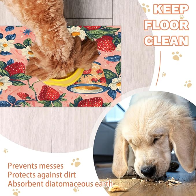 Red Strawberry Dog Food Mat for Floors Absorbent Dog Bowl Mat for Food and Water Dispenser Quick Dry Cat Food Placemat Pet Supplies 16" x 24", Flower