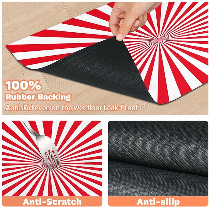 Striped Dog Food Mat for Floors Absorbent, Quick Dry Water Dispenser Mat for Food, Water, Pet Supplies 16" x 24", White Red