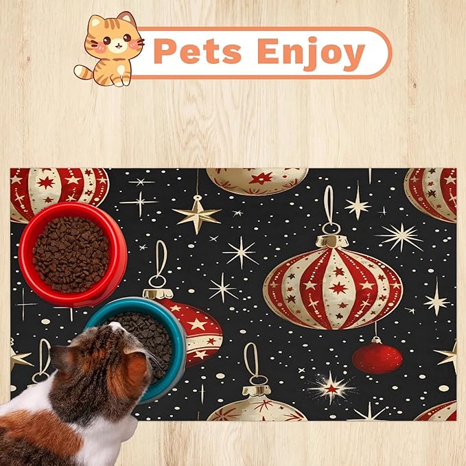 Xmas Balls Dog Food Mat for Floors Absorbent, Quick Dry Water Dispenser Mat for Food, Water, Pet Supplies 12" x 20", Christmas