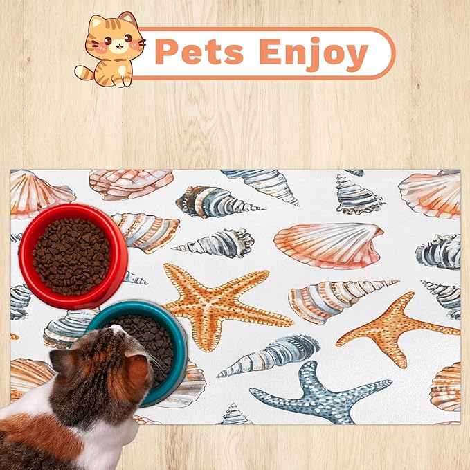 Starfish Seashell Dog Food Mat for Floors Absorbent Dog Bowl Mat for Food and Water Dispenser Quick Dry Cat Food Placemat Pet Supplies 24" x 32", Nautical Coastal