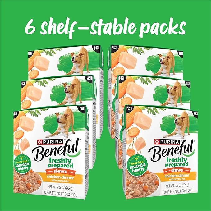 Purina Beneful Freshly Prepared Stews Chicken Dinner with Carrots and Rice Wet Dog Food in Dog Food Gravy - 9.5 oz Carton (Pack of 6)
