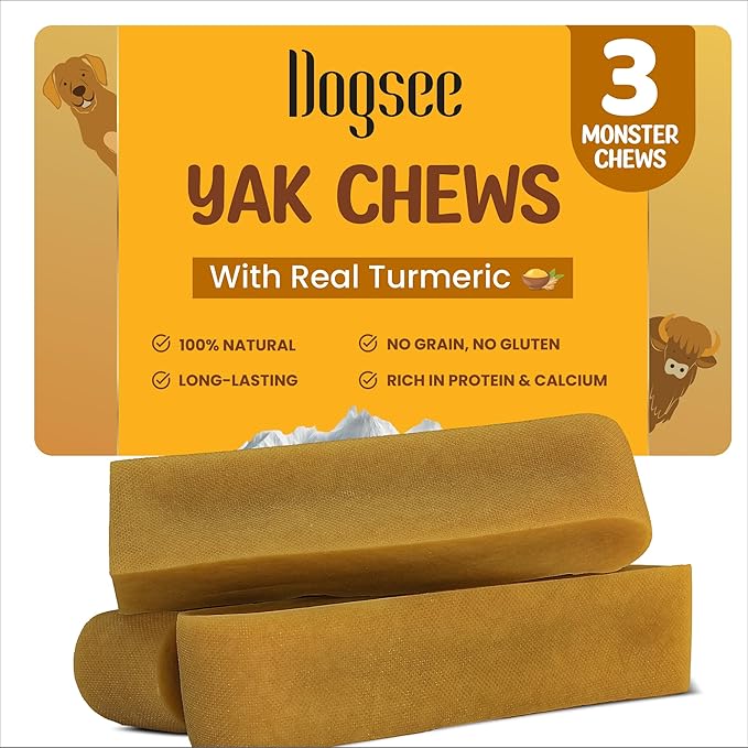 Dogsee Himalayan Yak Cheese Dog Chews with Turmeric/Curcumin (Monster - 3 Chews) | Long Lasting | Anti-inflammatory | Fights Plaque and Tartar | Odorless Dog Treats