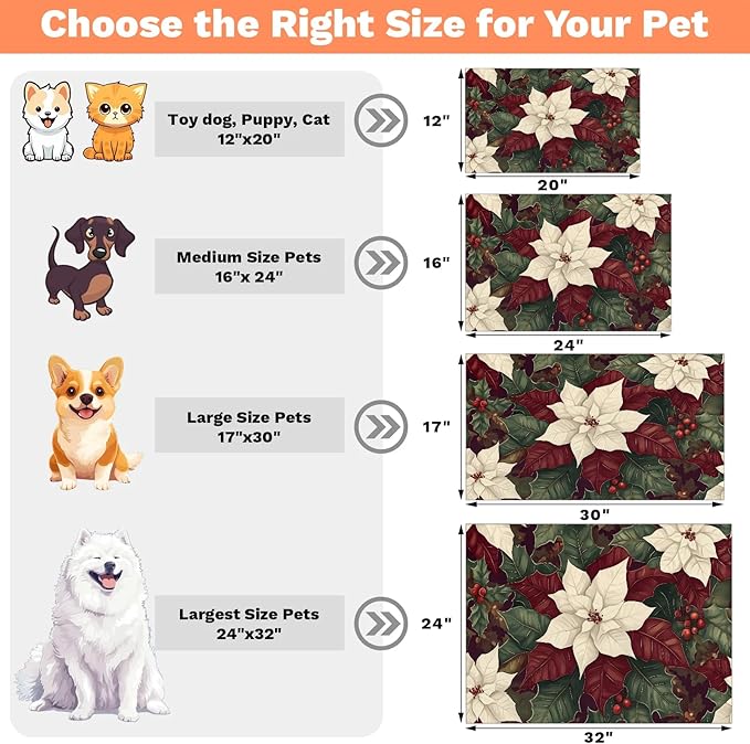 Christmas Flower Dog Food Mat for Floors Absorbent, Quick Dry Water Dispenser Mat for Food, Water, Pet Supplies 16" x 24", Red White Poinsettias