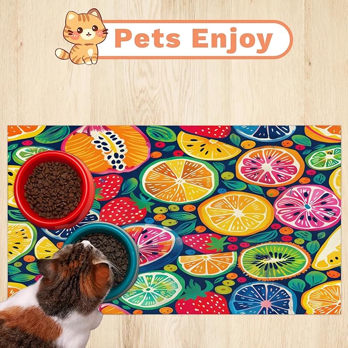 Watercolor Lemon Dog Food Mat for Floors Absorbent Dog Bowl Mat for Food and Water Dispenser Quick Dry Cat Food Placemat Pet Supplies 24" x 32", Colorful Fruit
