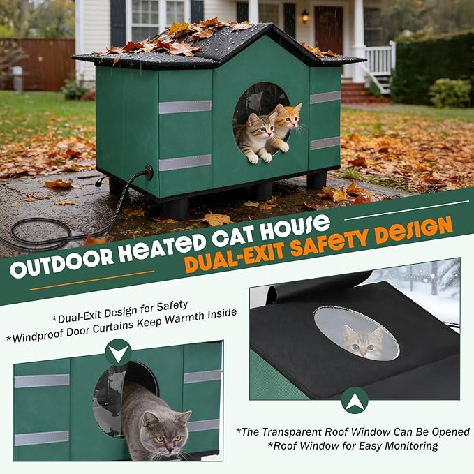 Heated Cat Shelter for Outside, Large Outdoor Cat House with Roof Window & Cozy Cushion Winter Insulated Weatherproof for Multiple Feral Kitties Small Pets Garage Yard Porch