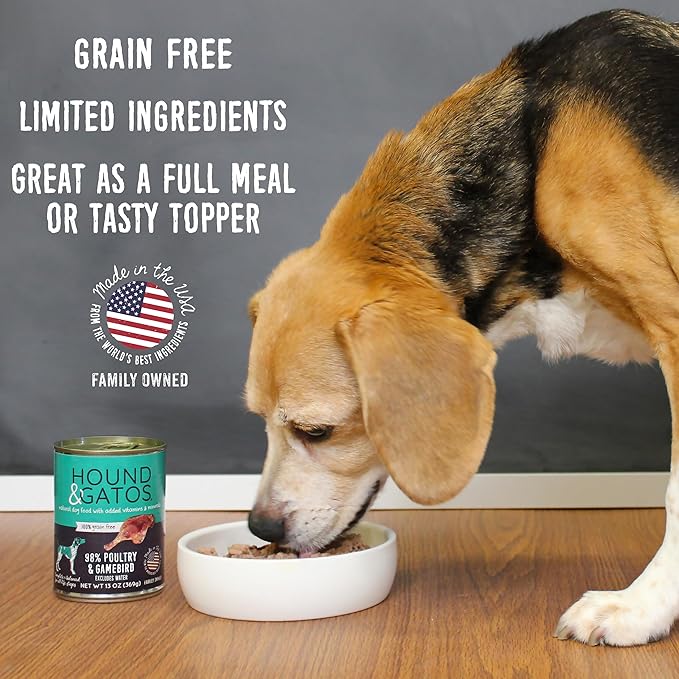 Hound & Gatos Wet Dog Food, 98% Gamebird Poultry, case of 12, 13 oz cans