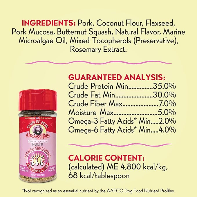 Charlee Bear Necessities Freeze Dried Dog Food Topper, Skin and Coat Support, Grain Free, High Protein, Limited Ingredient Meal Toppers for Dogs, Pork Recipe, 1 Ounce