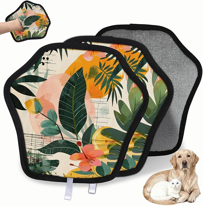 Reusable Pet Hair Removal Glove Tropical Palm Leaf Flower Magic Brush for Cat & Dog Hair Remover for Car, Sofa, Bedding, Clothes - 9x9 Mitt Washable