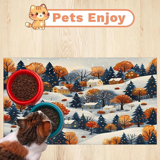 Forest Dog Food Mat for Floors Absorbent, Quick Dry Water Dispenser Mat for Food, Water, Pet Supplies 12" x 20", Village House