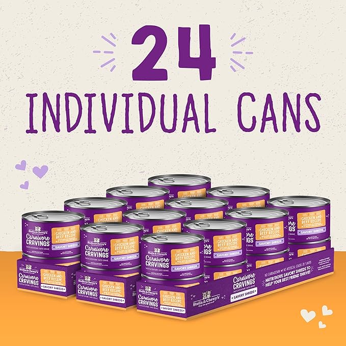 Stella & Chewy's Carnivore Cravings Savory Shreds - Wet Cat Food - High-Moisture Formula with Premium Cage-Free Chicken & Grass-Fed Beef - Perfect for Picky Eaters - 2.8 oz, 24 Count
