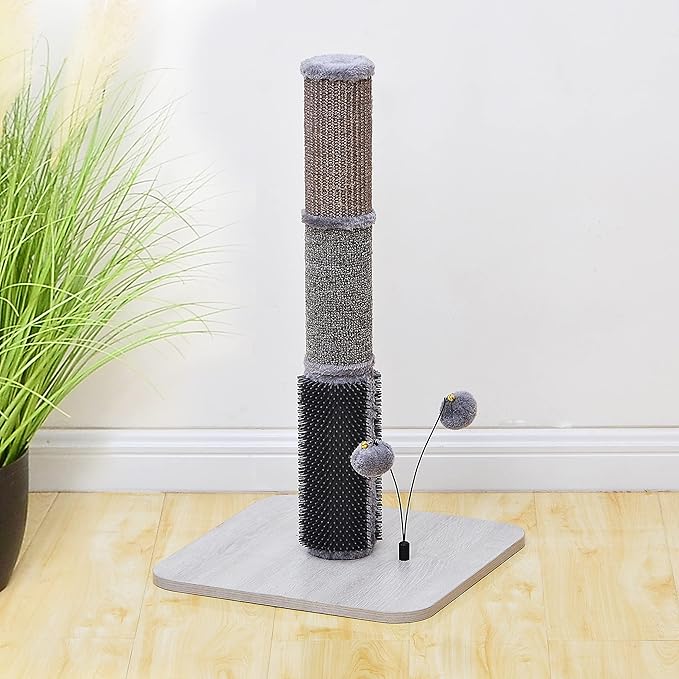 PetPals 25" Tall Sisal Carpet Scratching Post with Self-Grooming Massager, 3 in 1 Cat Scratching Post with Full Body Self Cleaning Brush, for Kitten and Adult Cats, 2 Fluffy Toys, Grey