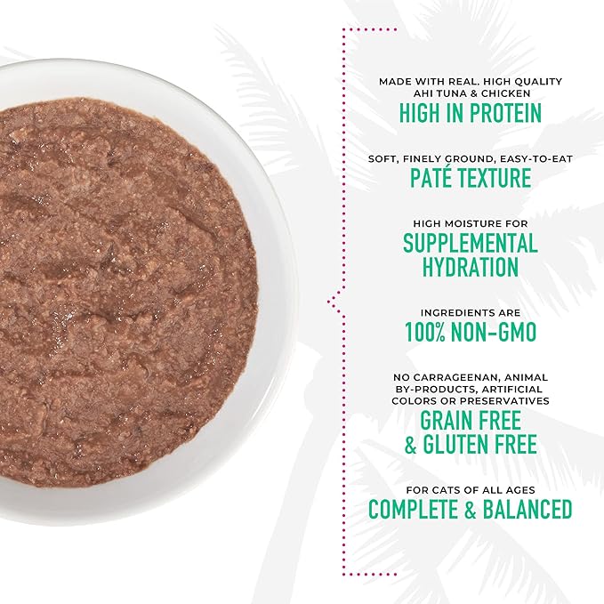 Tiki Cat Luau Pâté, Ahi Tuna & Chicken Recipe in Chicken Consumme, Grain-Free Balanced Nutrition Wet Canned Cat Food, for All Life Stages, 2.8 oz. Cans (Pack of 12)