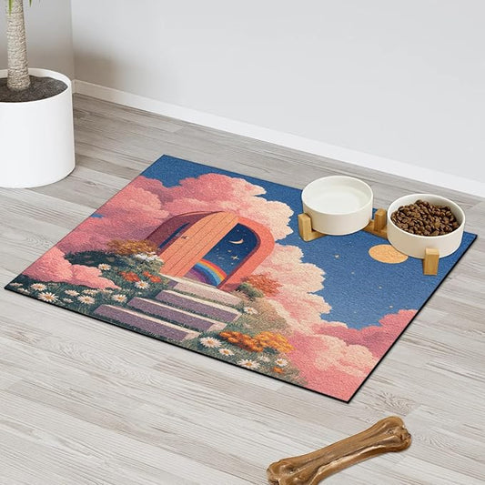Rainbow Sun Dog Food Mat for Floors Absorbent, Quick Dry Water Dispenser Mat for Food, Water, Pet Supplies 24" x 32", Wildflower