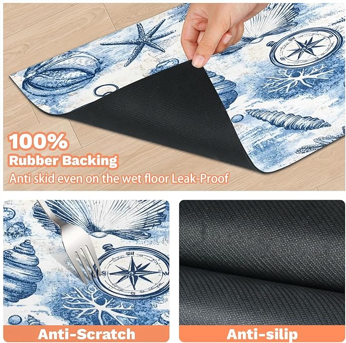 Nautical Coastal Dog Food Mat for Floors Absorbent Dog Bowl Mat for Food and Water Dispenser Quick Dry Cat Food Placemat Pet Supplies 24" x 32", Ocean Beach Seashells