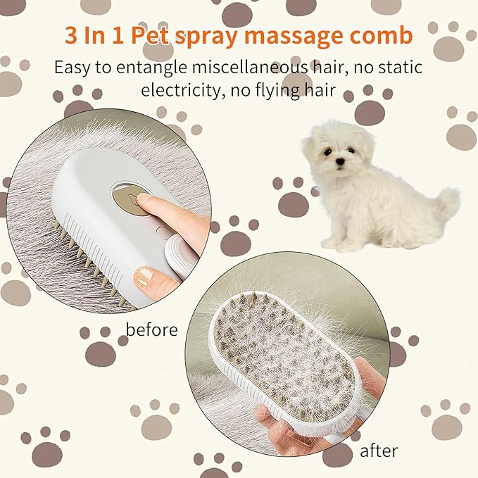 2 Pcs Pet Spray Massage Brush, Cat Hair Steam Brush for Shedding,Cleaning Pet Brush for Massage and Bathing with One Click Spray,Silicone Grooming Spray Comb with 360° Rotating Arm
