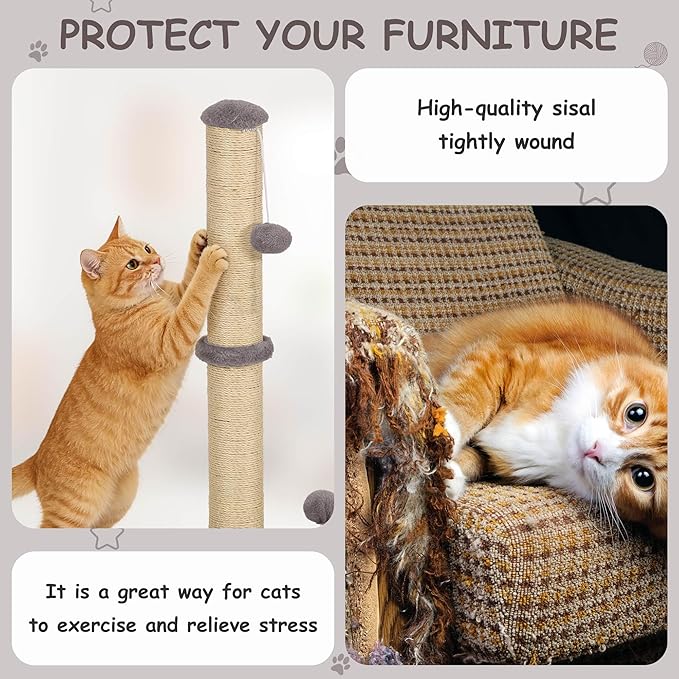22 Inch Cat Scratching Post Cat Scratcher, Natural Sisal Rope Scratch Post Trees with Hanging Ball for Indoor Kittens