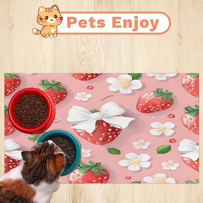 Strawberry Dog Food Mat for Floors Absorbent Dog Bowl Mat for Food and Water Dispenser Quick Dry Cat Food Placemat Pet Supplies 24" x 32", Floral