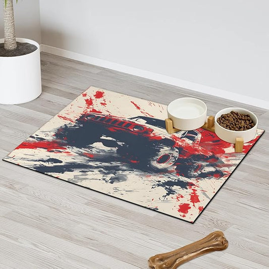 Cool Car Dog Food Mat for Floors Absorbent, Quick Dry Water Dispenser Mat for Food, Water, Pet Supplies 17" x 30", Red Vehicle