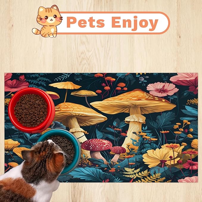 Mushroom Dog Food Mat for Floors Absorbent Dog Bowl Mat for Food and Water Dispenser Quick Dry Cat Food Placemat Pet Supplies 24" x 32", Forest Theme