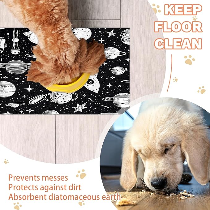 Outer Space Dog Food Mat for Floors Absorbent, Quick Dry Water Dispenser Mat for Food, Water, Pet Supplies 12" x 20", Space Rocket