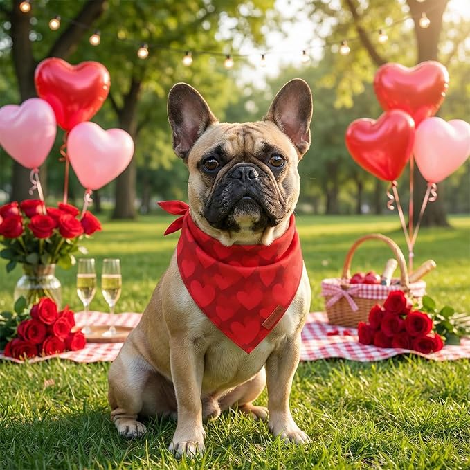 PTDECOR Valentines Dog Bandana, Reversible Red Heart Valentine Pet Scarf, Premium Durable Fabric, Red Bandanas for Medium Large Dogs (Large)