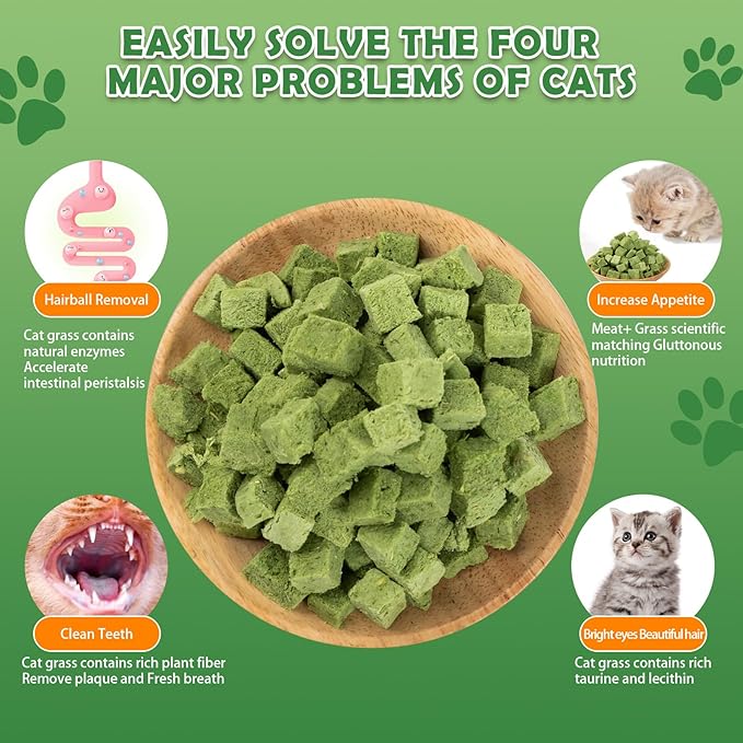 Freeze Dried Cat Grass Treats - Natural Dental Chew Sticks for Teeth Cleaning,Hairball Removal & Digestion, Crunchy Cat Snack (80g)