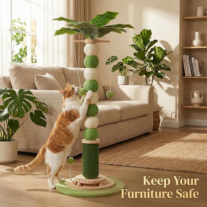 Cat Scratching Post,41'' Tall Cat Tree 3.8'' Diameter Sisal Rope Scratching Posts for Indoor Cats Adults,Cat Scratcher Ball with 360° Rotating Hangling Ball,Wood Interactive Ball Toy for Cats Kittens