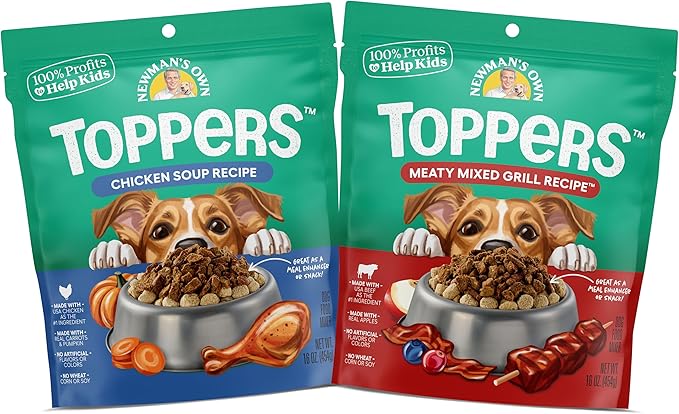 Newman's Own Toppers - Meal Topper for Dry Dog Food - Great for Picky Eaters - Meaty Mixed Grill & Chicken Soup Recipe Variety Pack - 16 oz Resealable Pouch (Pack of 2)