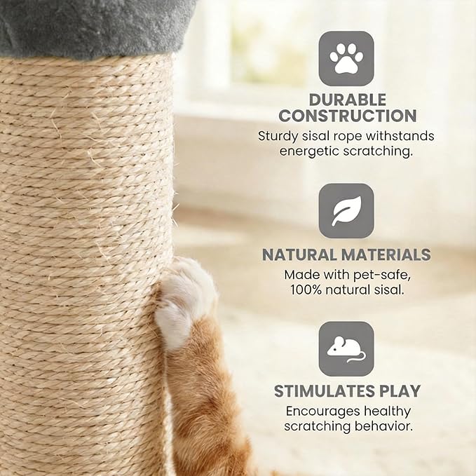 Cat Scratching Post, 22'' Cat Scratchers Tree Tower for Indoor Kitty with Extra Wide 13.4" Stable Base, Scratching Post with Natural Sisal & Velvet Fabric for Small, Medium Cat, Grey