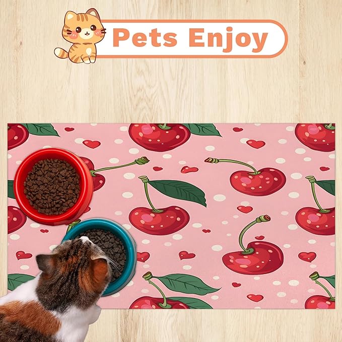 Pink Cherry Dog Food Mat for Floors Absorbent Dog Bowl Mat for Food and Water Dispenser Quick Dry Cat Food Placemat Pet Supplies 16" x 24", Cute Fruit