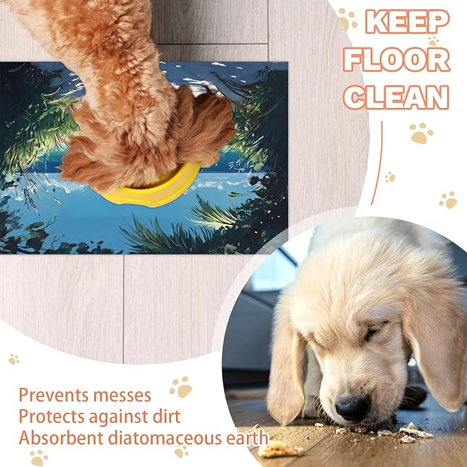 Ocean Beach Dog Food Mat for Floors Absorbent, Quick Dry Water Dispenser Mat for Food, Water, Pet Supplies 24" x 32", Tropical Seaside