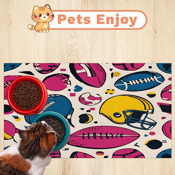 Rugby Dog Food Mat for Floors Absorbent, Quick Dry Water Dispenser Mat for Food, Water, Pet Supplies 12" x 20", American Footbal