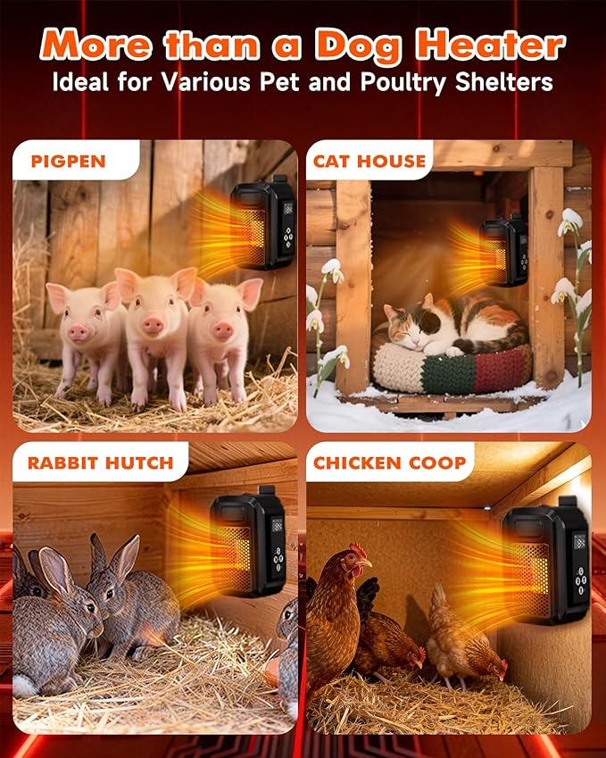 PETNF Dog House Heater with Thermostat & WiFi App Control, 68–104°F Adjustable Temp, 24H Timer, 500W Fast Heating, Safe Anti-Chew Cord, Outdoor Pet Heater for Dogs, Cats & Chicken Coops