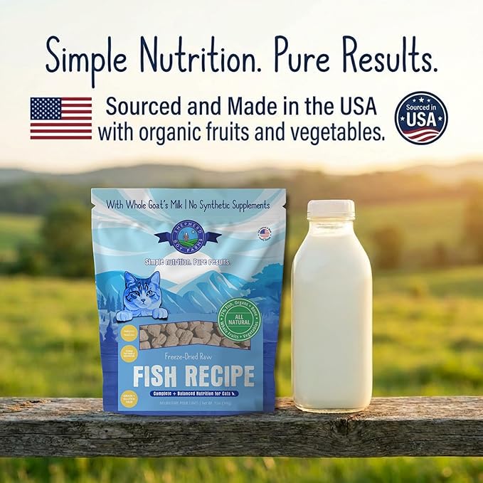 Shepherd Boy Farms Freeze-Dried Fish Cat Food – High-Protein, Grain-Free, Made with Organic Produce & Goat’s Milk (12oz)