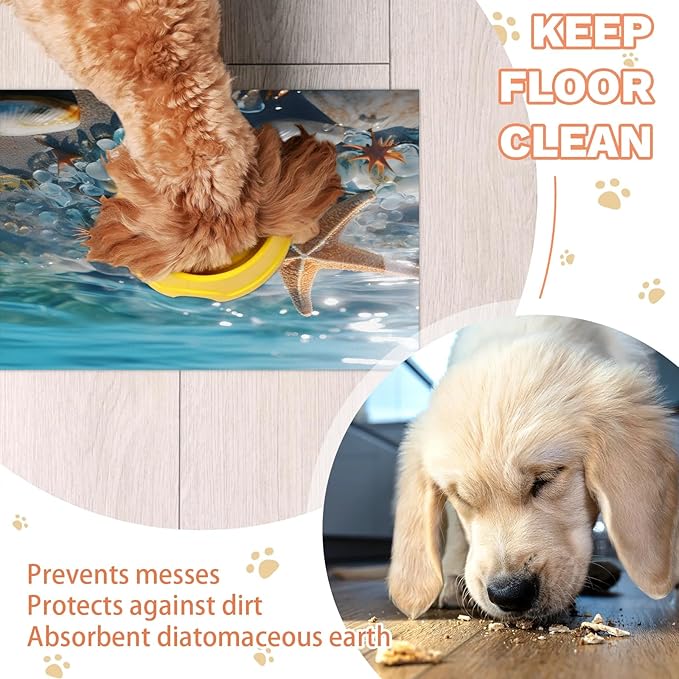 Starfish Seashell Dog Food Mat for Floors Absorbent, Quick Dry Water Dispenser Mat for Food, Water, Pet Supplies 12" x 20", Ocean Beach