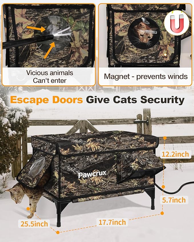 Weatherproof Heated Cat House for Outdoor in Winter, Heated Cat Bed Kitty Shelter with Cat Heating Pad, Insulated & Safe Escape Door, Warm House for Outside Stray Cat(Leaf Color, 17.7"x25.5"x17.9")