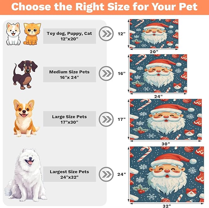 Santa Claus Dog Food Mat for Floors Absorbent, Quick Dry Water Dispenser Mat for Food, Water, Pet Supplies 12" x 20", Christmas Holly