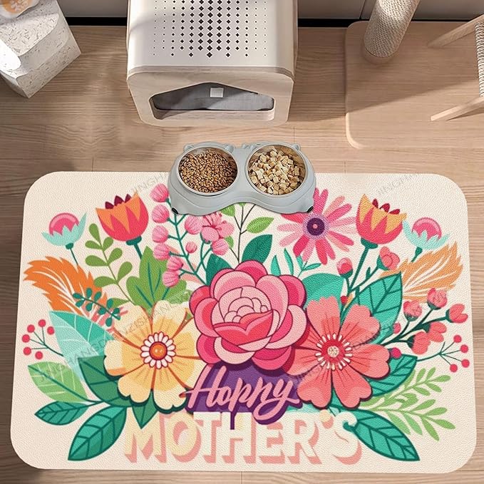 Pet Feeding Mat Happy Mother's Day Floral Gift Mom Bi Absorbent Pet Placemat for Food Water Bowl with Waterproof Rubber Backing 24x16In Quick Dry Water Dispenser Mat Dog Cat