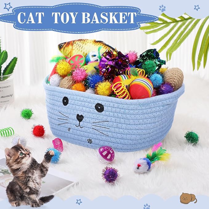 Zopeal 58 Pcs Easter Cat Storage Basket Gift Toys Set, Colorful Flashing Balls Pet Bell Crinkle Balls Spring Toys Attract Cat to Swat, Hunt, Interactive for Pet(Light Blue,9.8 Inch)