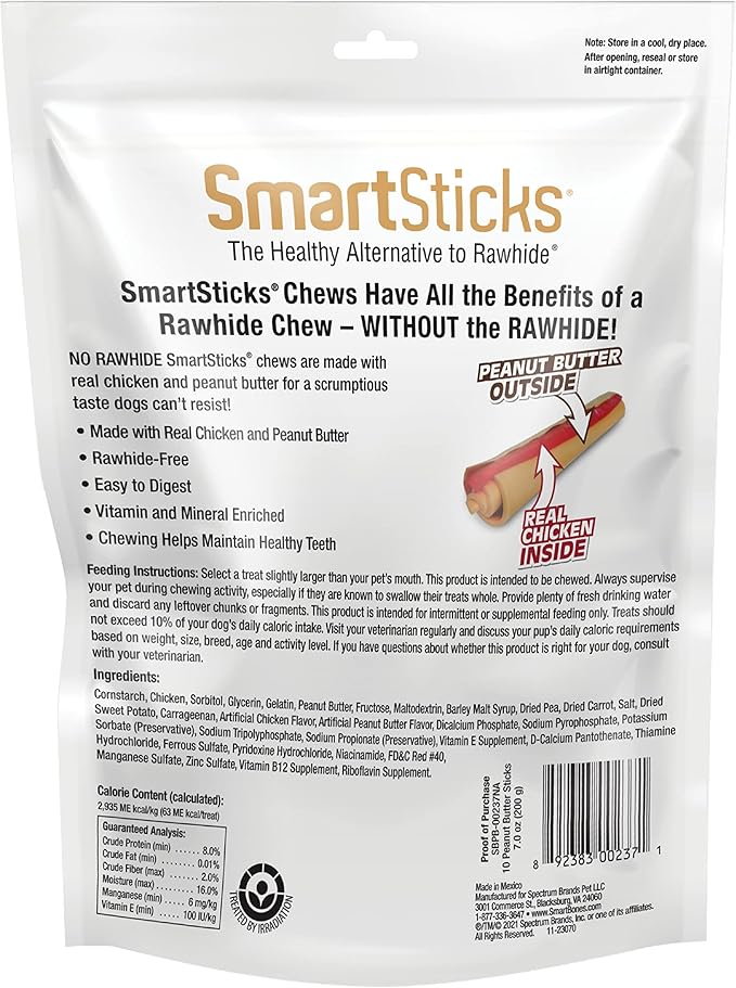 SmartBones SmartSticks with Real Peanut Butter 12 Count, Rawhide-Free Chews for Dogs (Pack of 2)
