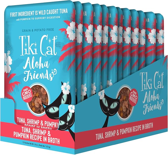 Tiki Cat Aloha Friends Grain-Free, Low-Carbohydrate Wet Food with Flaked Tuna for Adult Cats & Kittens, 3oz pouch, 12pk, Tuna, Shrimp & Pumpkin