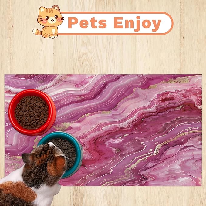 Pink Marble Dog Food Mat for Floors Absorbent, Quick Dry Water Dispenser Mat for Food, Water, Pet Supplies 12" x 20", Abstract