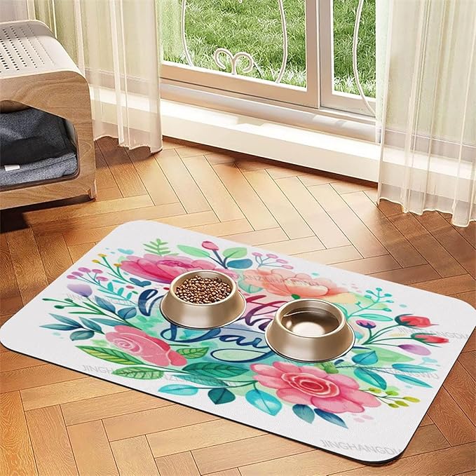 Pet Feeding Mat for Dogs Cats Happy Mother's Day Floral Gift for Mom Bj Absorbent Dog Food Mat Non-Slip Waterproof Placemat Quick Dry Pet Supplies Bowl Mats