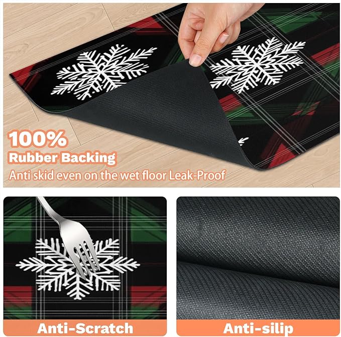 Xmas Snowflake Dog Food Mat for Floors Absorbent, Quick Dry Water Dispenser Mat for Food, Water, Pet Supplies 24" x 32", Buffalo Check
